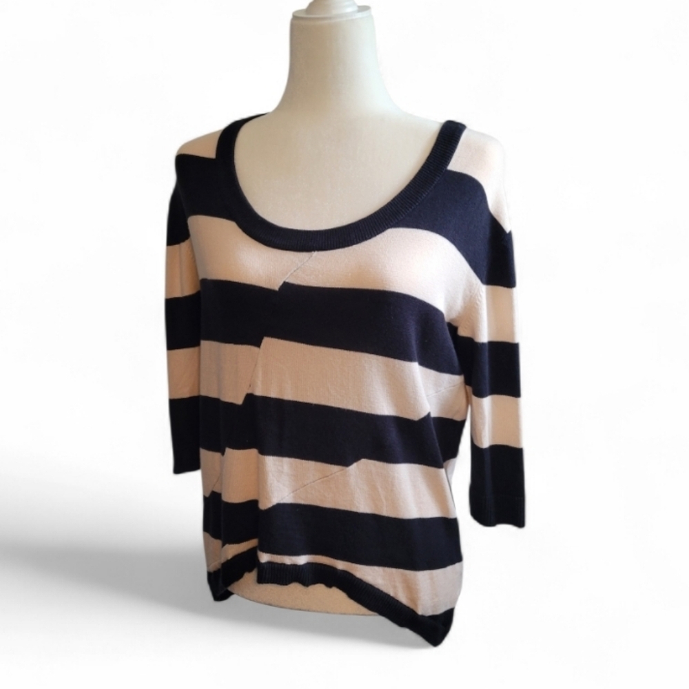 Silence + Noise Black and Cream Striped Women's High Low Sweater